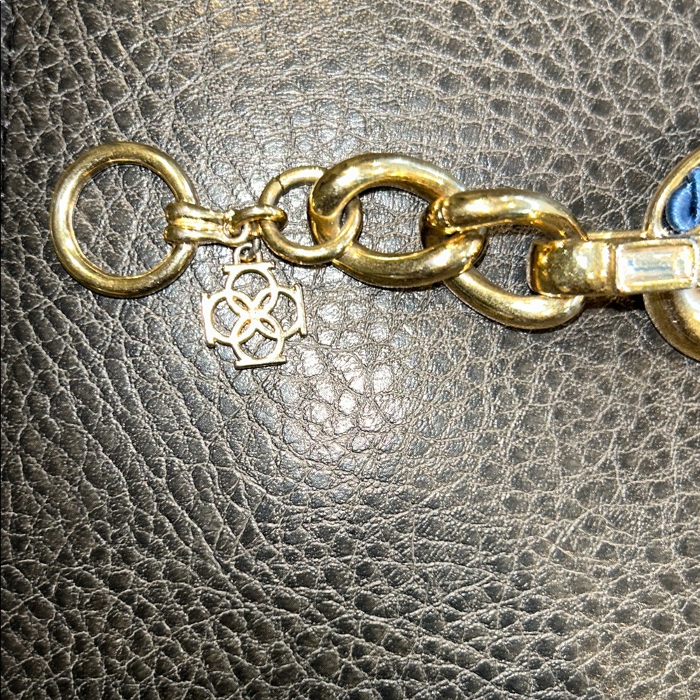 Anne Taylor Chunky Gold and Blue Fabric Chain Bracelet with two clear stones - Picture 2 of 6